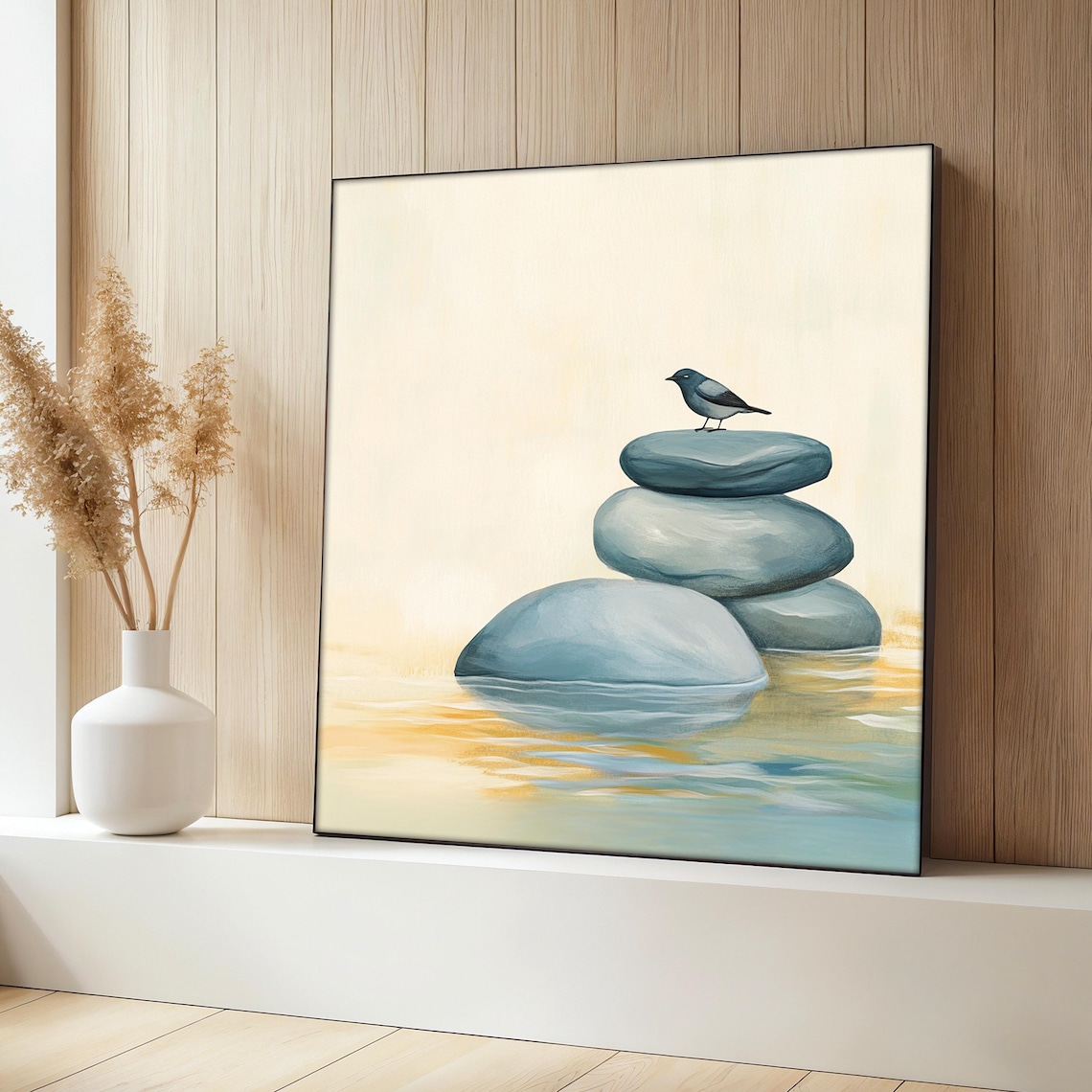 Bird On Stones Painting, Minimal Nature Scene