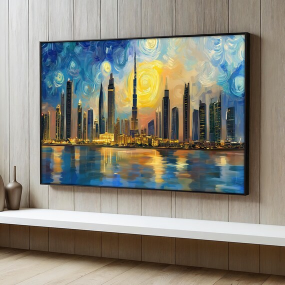 Dubai Skyline Painting Modern Cityscape Wall Art With Starry Night Sky Large Colorful Gift For Home Or Office Decoration