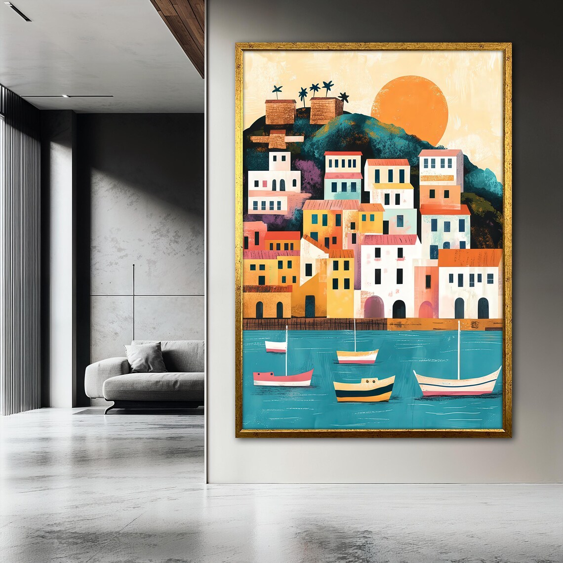 Mediterranean Coastal Town Art Print, Seaside Landscape - Image 3