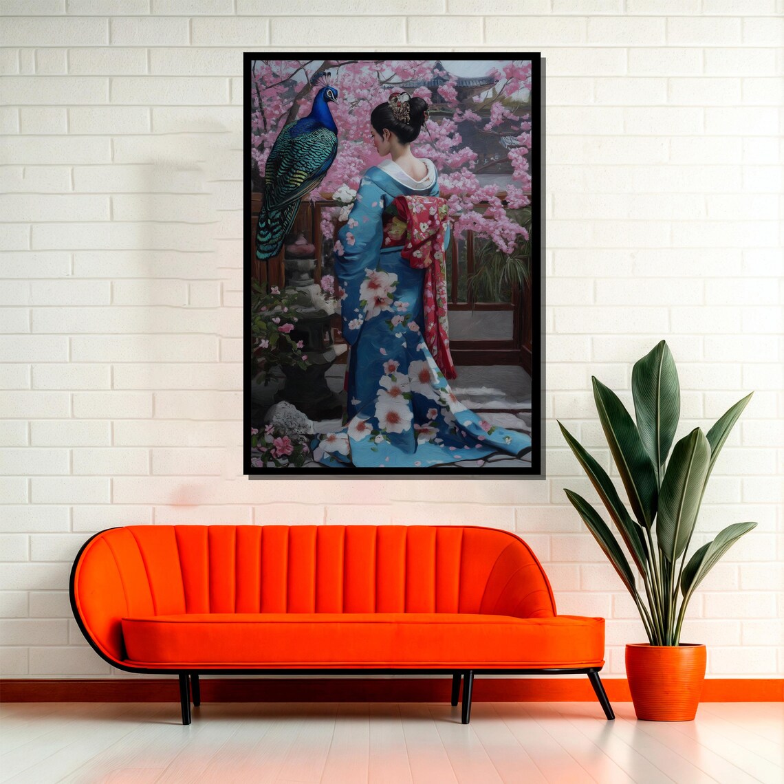Japanese Woman In Blue Kimono, Peacock And Cherry Blossom Art Print - Image 2