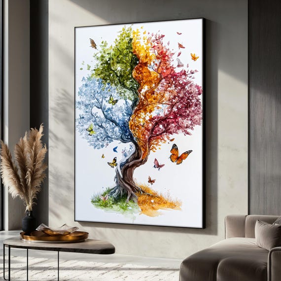 Four Seasons Tree, Colorful Abstract Nature Art Print