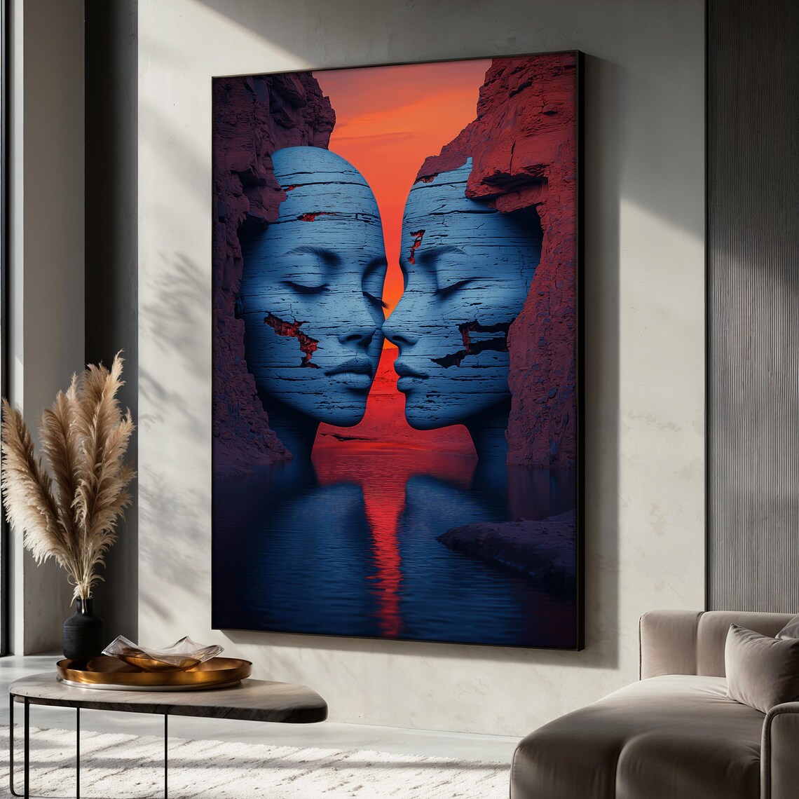 Surreal Face Cliff Sunset Reflection, Romantic Print