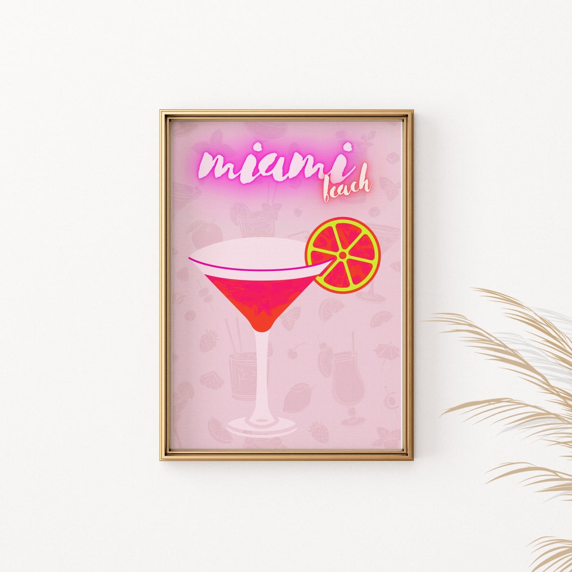 Miami Beach Cocktail Martini Art Pink Retro Bar Decor Wall Poster - Image 2