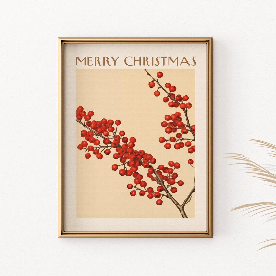 Merry Christmas Red Berry Branch Poster Winter Botanical Wall Decor