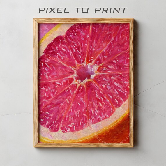 Ruby Grapefruit Slice Close Up Juicy Oil Painting Style Poster