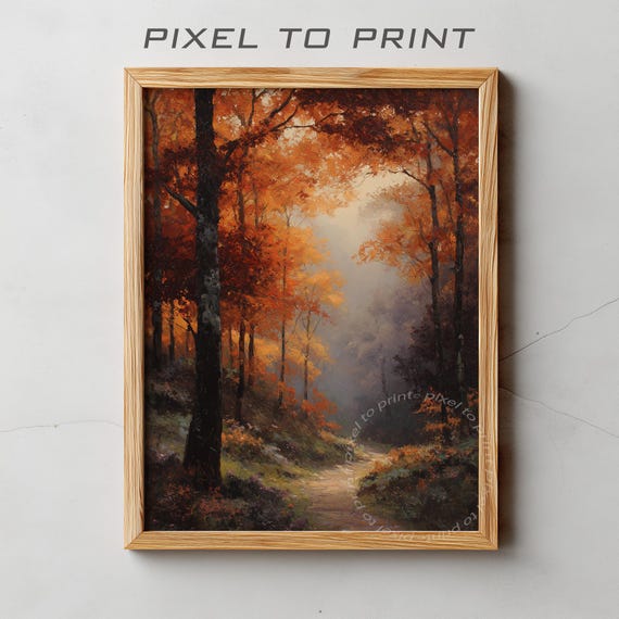 Vintage Autumn Forest Oil Painting Rustic Landscape