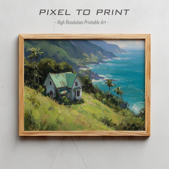 Coastal Cottage Ocean View Painting Green Hills Turquoise Sea Poster