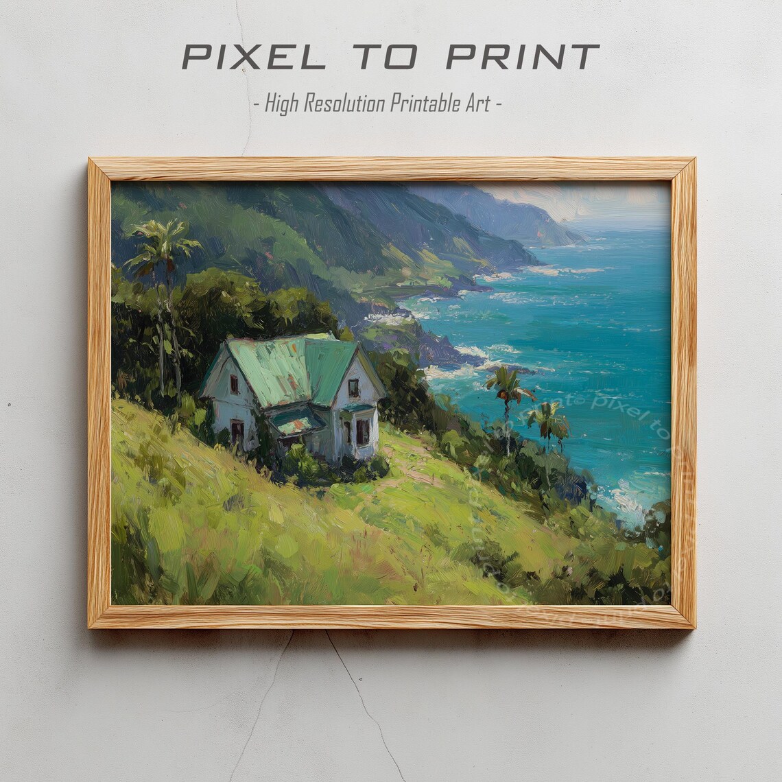 Coastal Cottage Ocean View Painting Green Hills Turquoise Sea Poster