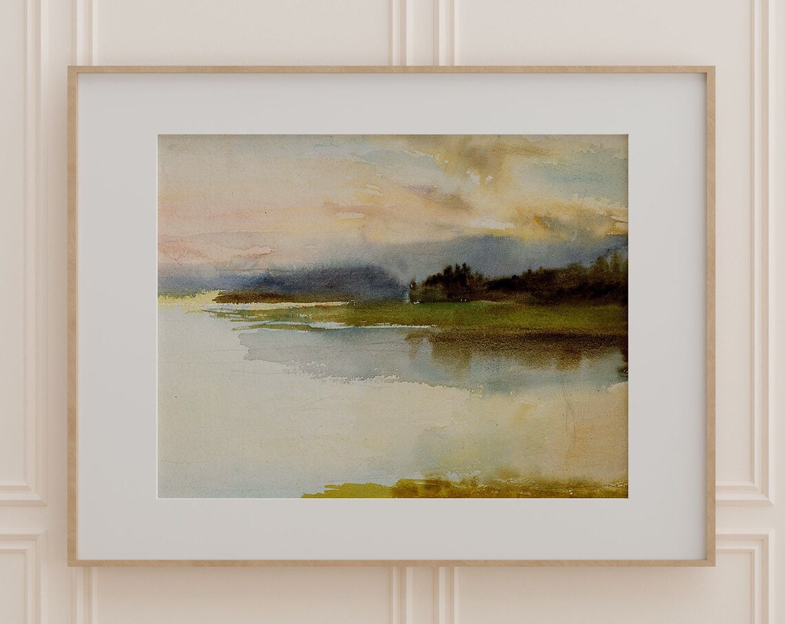 Serene Coastal Watercolor Painting of a Sunset over a Quiet Bay Poster