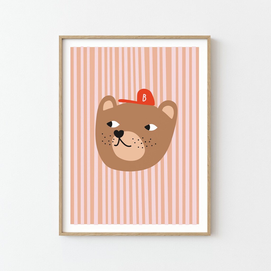 Bear With Cap Kids Nursery Stripes Art Print