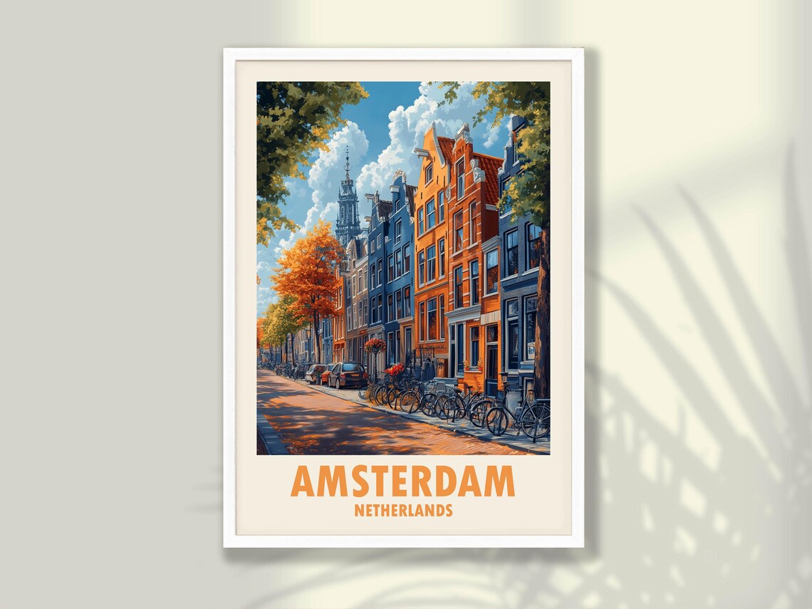 Amsterdam Netherlands Canal Street Bicycles Autumn Travel Poster