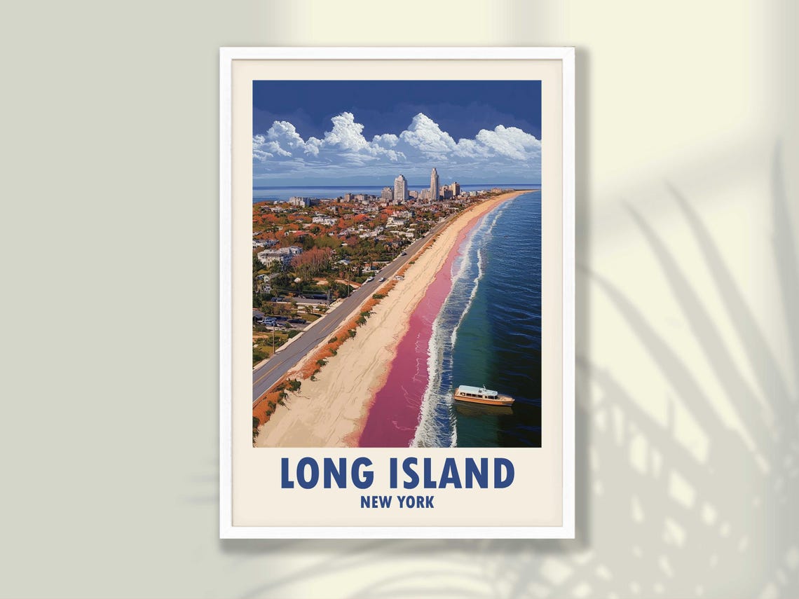Vintage Long Island New York Aerial Beach Shoreline Travel Poster
