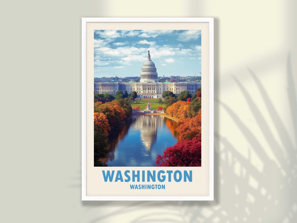 Washington DC US Capitol Reflecting Pool Fall Foliage Travel Poster