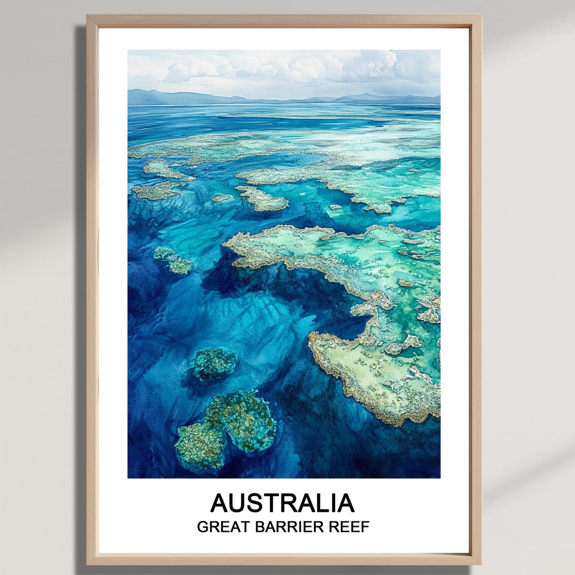 Great Barrier Reef Australia Aerial Coral Watercolor Ocean Art Poster
