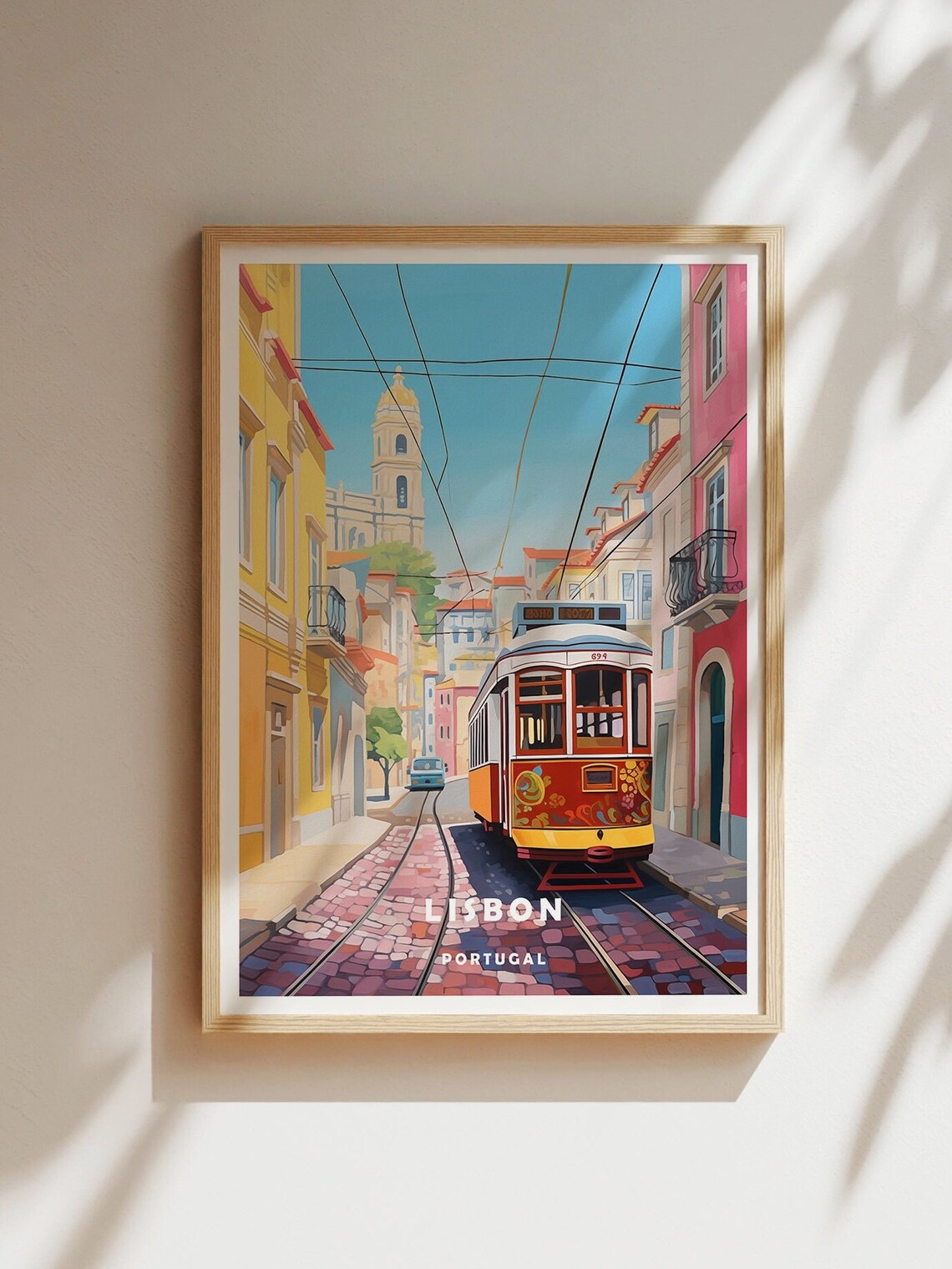 Lisbon Portugal Vintage Yellow Tram Cobblestone Street Travel Poster