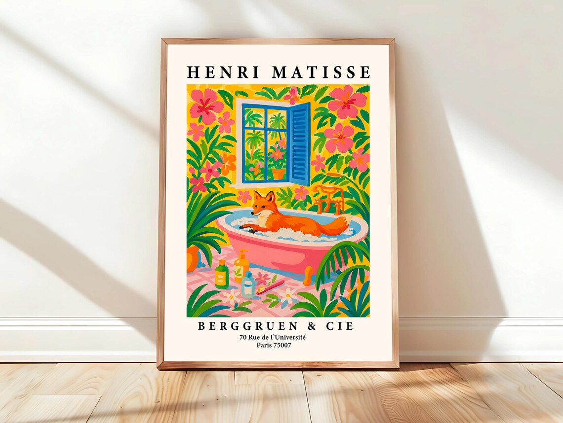 Fox In Bathtub Funny Poster Mid Century Wall Art Matisse Print Pink Tropical Bathroom Decor