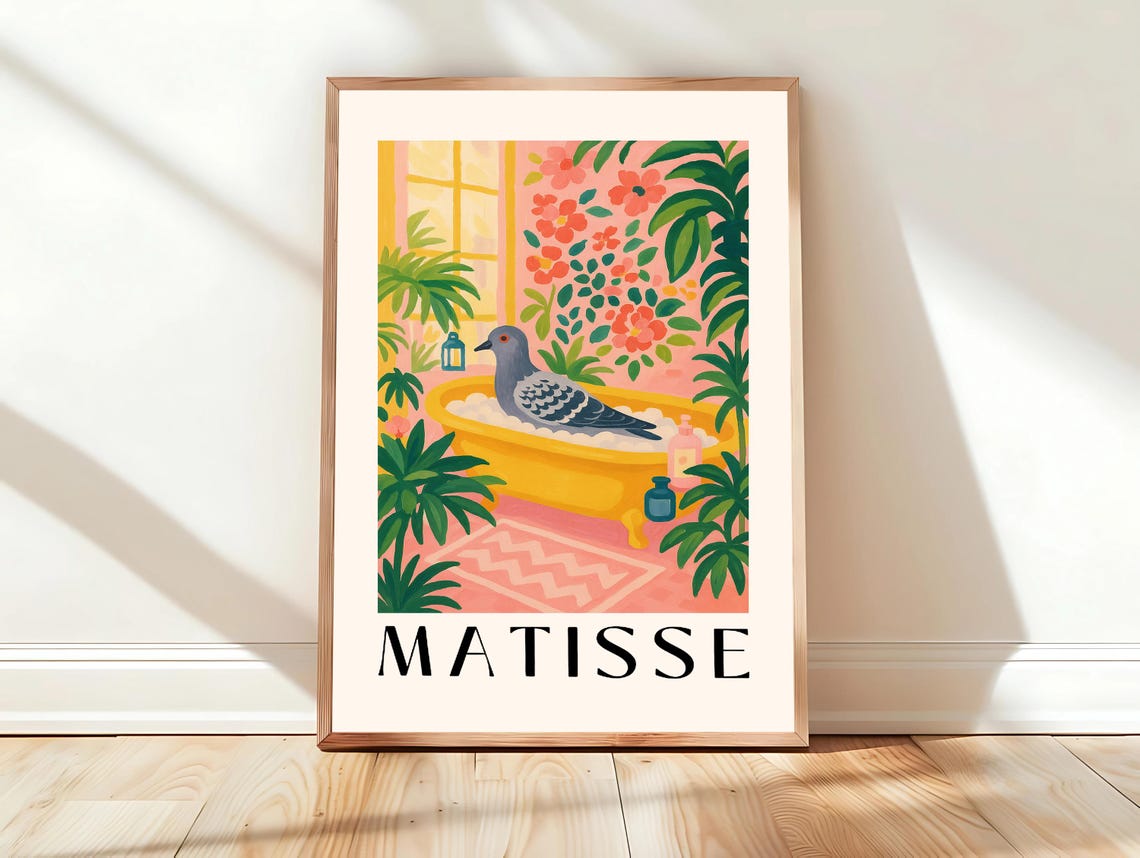 Pigeon Relaxing in Bathtub Tropical Matisse Style Art Poster