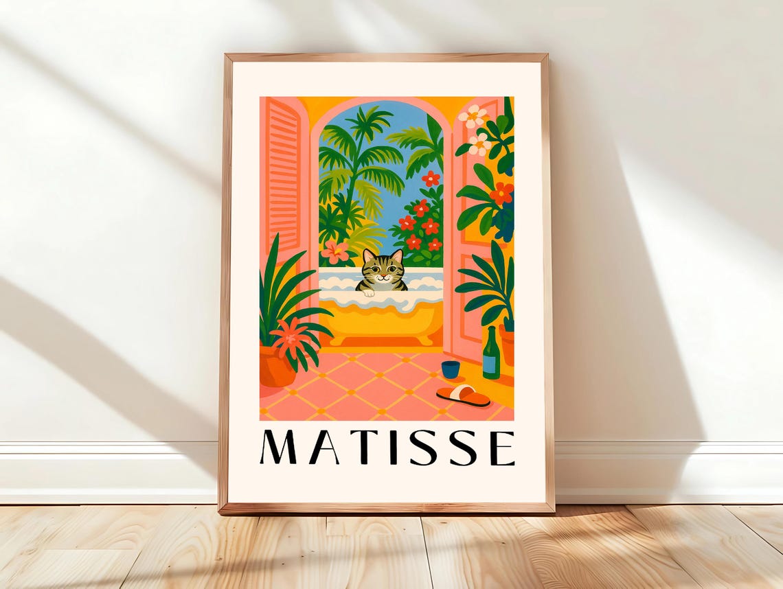 Tabby Cat Relaxing in Bathtub Tropical Matisse Style Art Poster