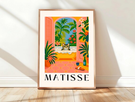 Tabby Cat Relaxing in Bathtub Tropical Matisse Style Art Poster