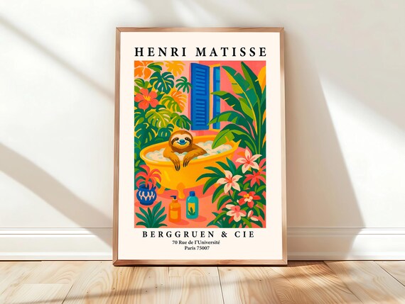 Henri Matisse Sloth in Bathtub Tropical Bath Funny Bathroom Poster
