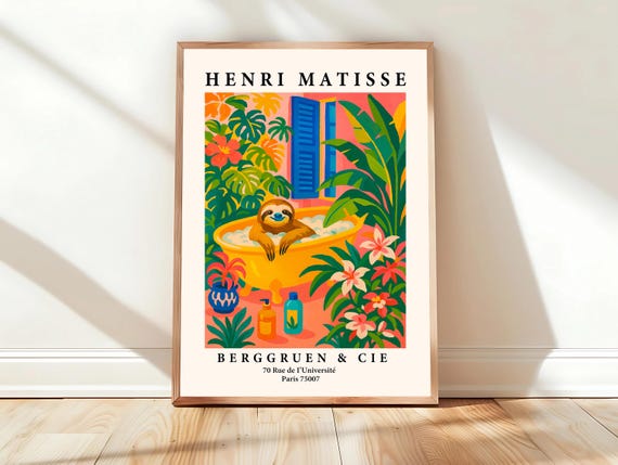 Sloth In Bathtub Art Print Matisse Bathroom Poster Pink Tropical Wall Animal