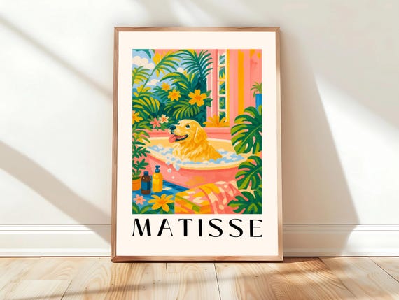 Golden Retriever In Bathtub Funny Bathroom Poster For Dog Lovers Matisse Wall Art Pink Dopamine Decor Print