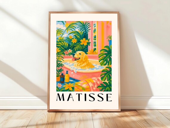 Golden Retriever Puppy in Pink Bathtub Matisse Style Bathroom Poster