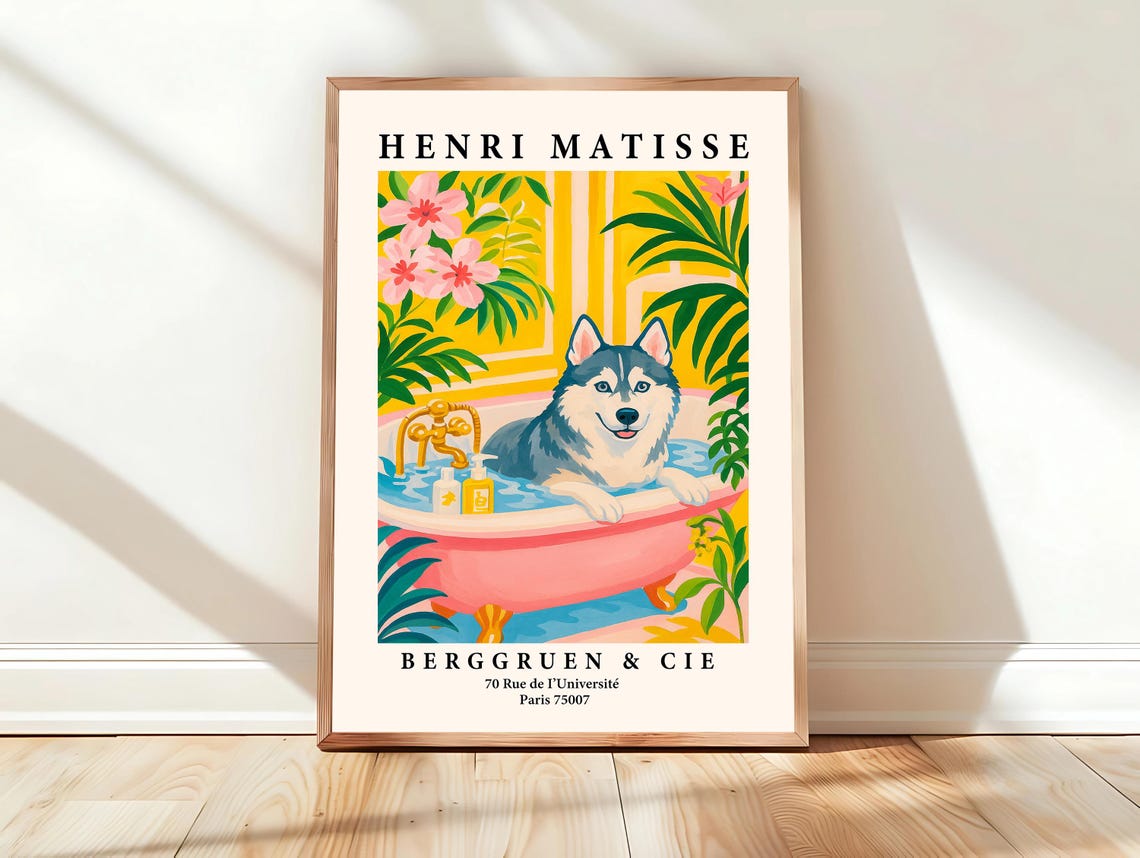 Henri Matisse Husky Dog in Bubble Bath Pink Tropical Art Poster