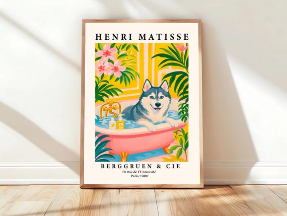 Husky Art Print Pink Bathroom Wall Matisse Gift For Dog Lovers Poster Dopamine Decor