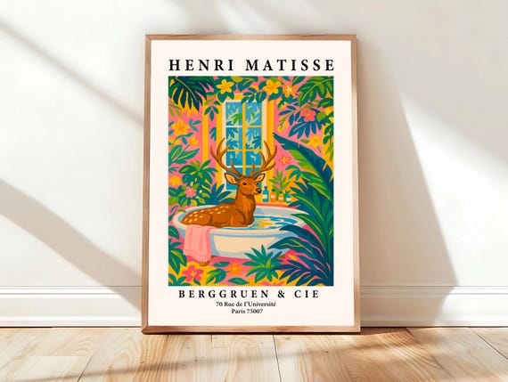 Deer In Bathtub Funny Poster Matisse Print Maximalist Wall Art Pink Bathroom Decor
