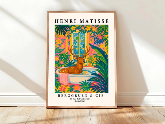 Spotted Stag in Garden Pool Tropical Matisse Style Animal Poster