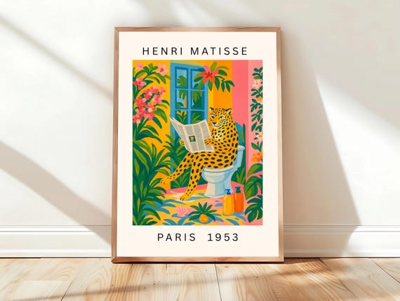 Leopard On A Toilet Funny Bathroom Poster Matisse Art Print Floral Dopamine Decor Mid Century Modern