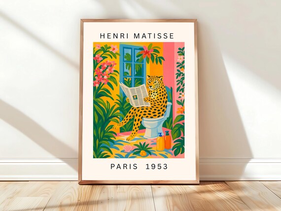Playful Leopard on Toilet Reading Newspaper Matisse Style Poster