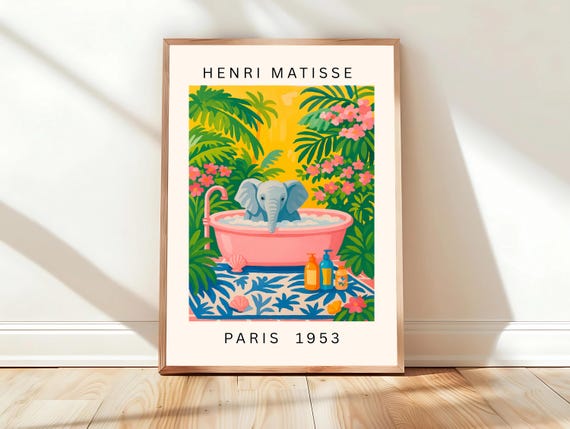 Elephant In Bathtub Funny Poster Tropical Bathroom Wall Art Dopamine Decor Henri Matisse Print Pink Beachy