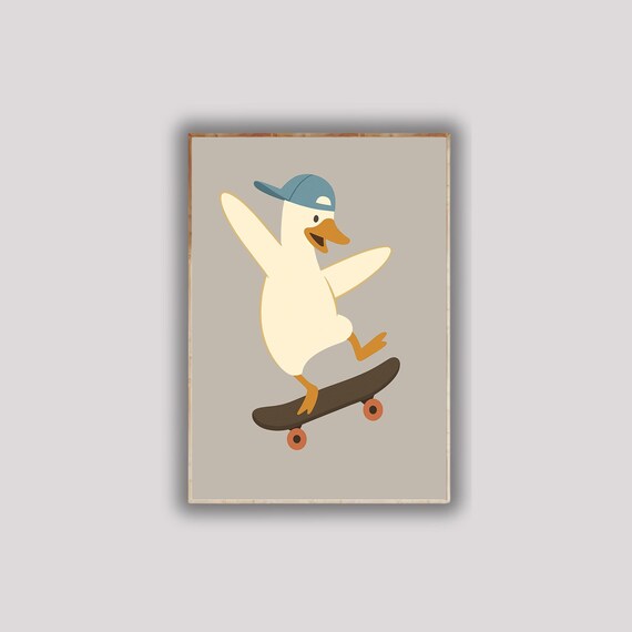 Silly Goose Skateboard Poster Funny Duck Art Quirky Animal Wall Decor Cool Bird Print For Skate And Pet Lovers
