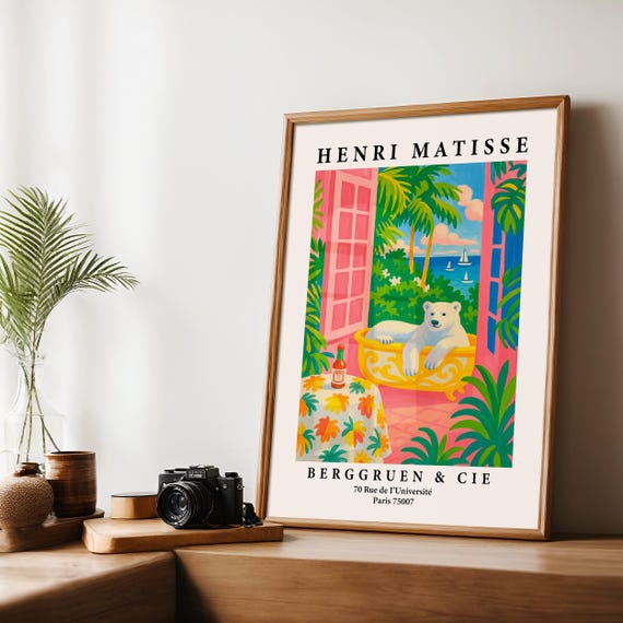 Pink Matisse Print Polar Bear In Bathtub Art Maximalist Dopamine Bathroom Decor Tropical Wall