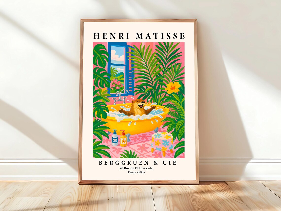 Happy Otter Splashing in Bathtub Matisse Style Bathroom Poster