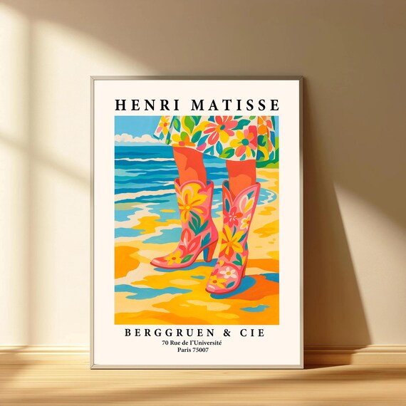 Floral Cowboy Boots on Beach Coastal Matisse Style Art Poster