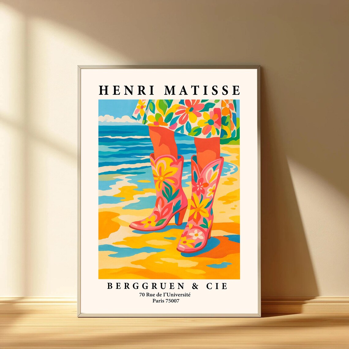Floral Cowboy Boots on Beach Coastal Matisse Style Art Poster
