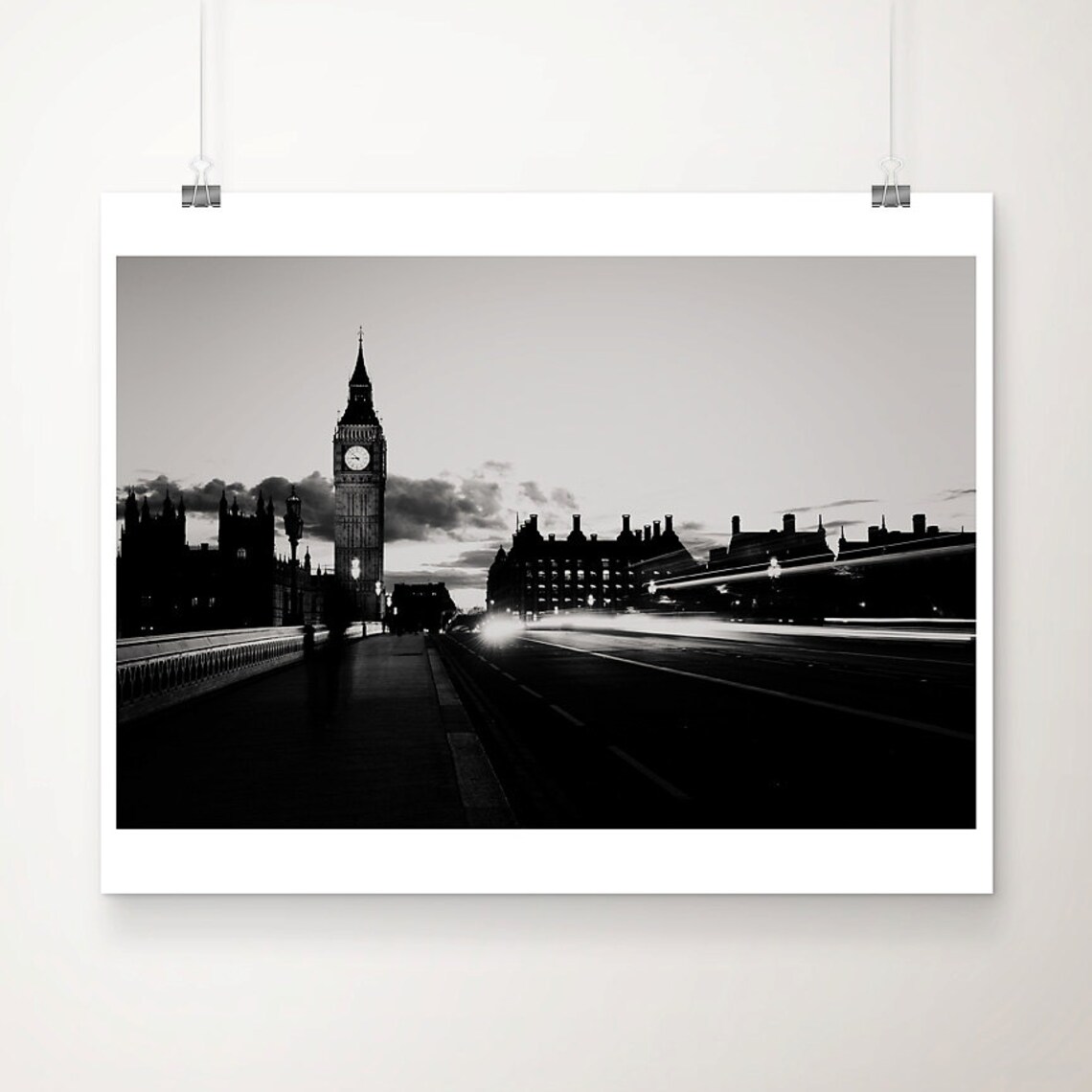 Big Ben London Black and White Night Photo With Light Trails Poster