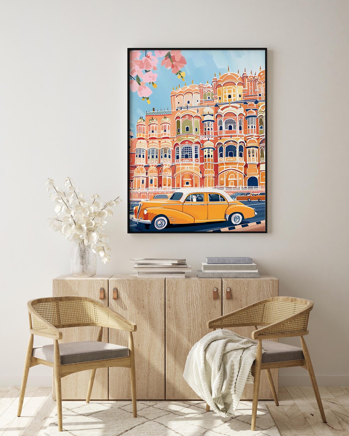Hawa Mahal Jaipur Pink Facade Vintage Yellow Taxi Street Scene Poster - Image 2