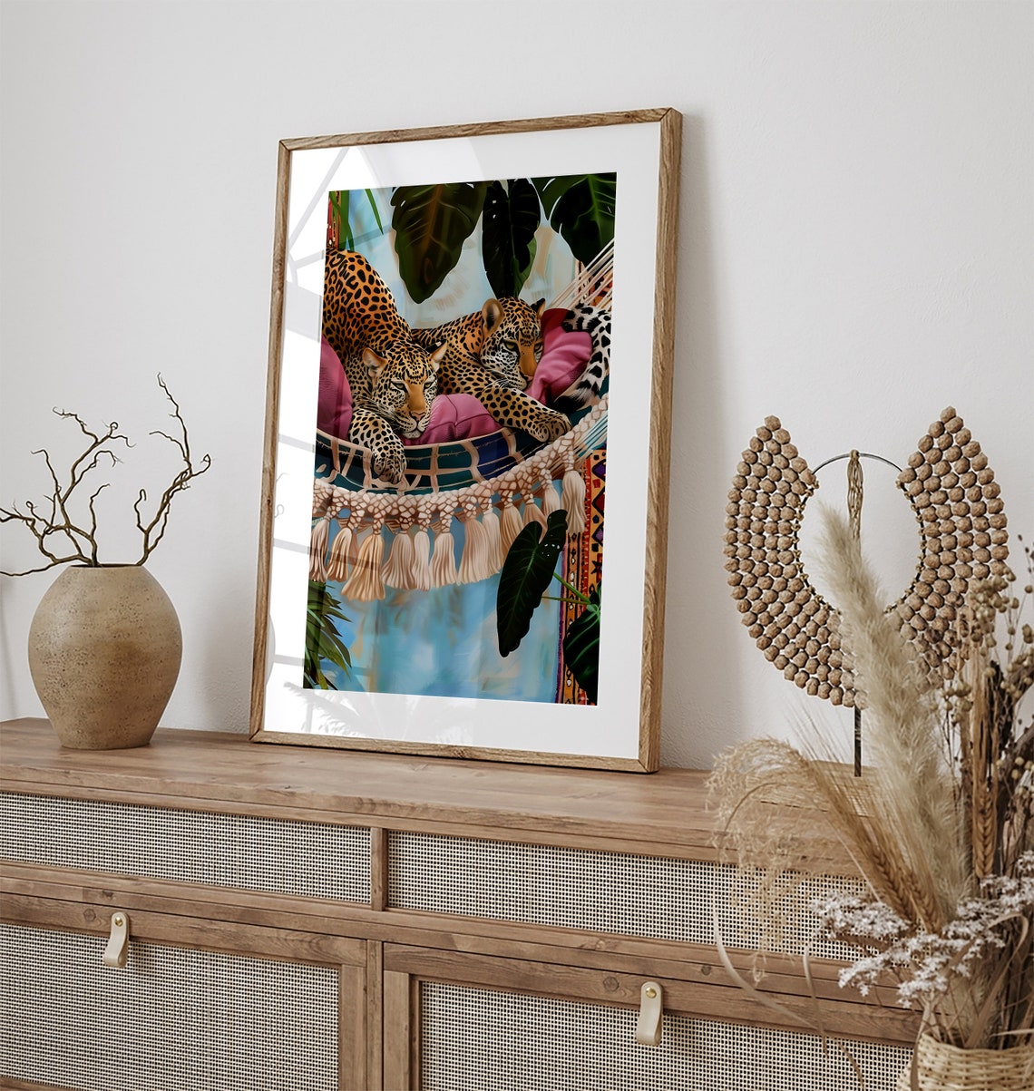 Two Leopards Resting Macrame Hammock Tassels Tropical Leaf Art Poster - Image 2