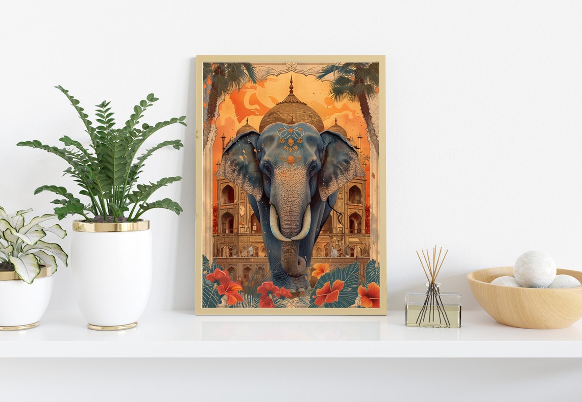 Royal India Elephant Palace Sunset Mixed Media Artwork Poster - Image 2