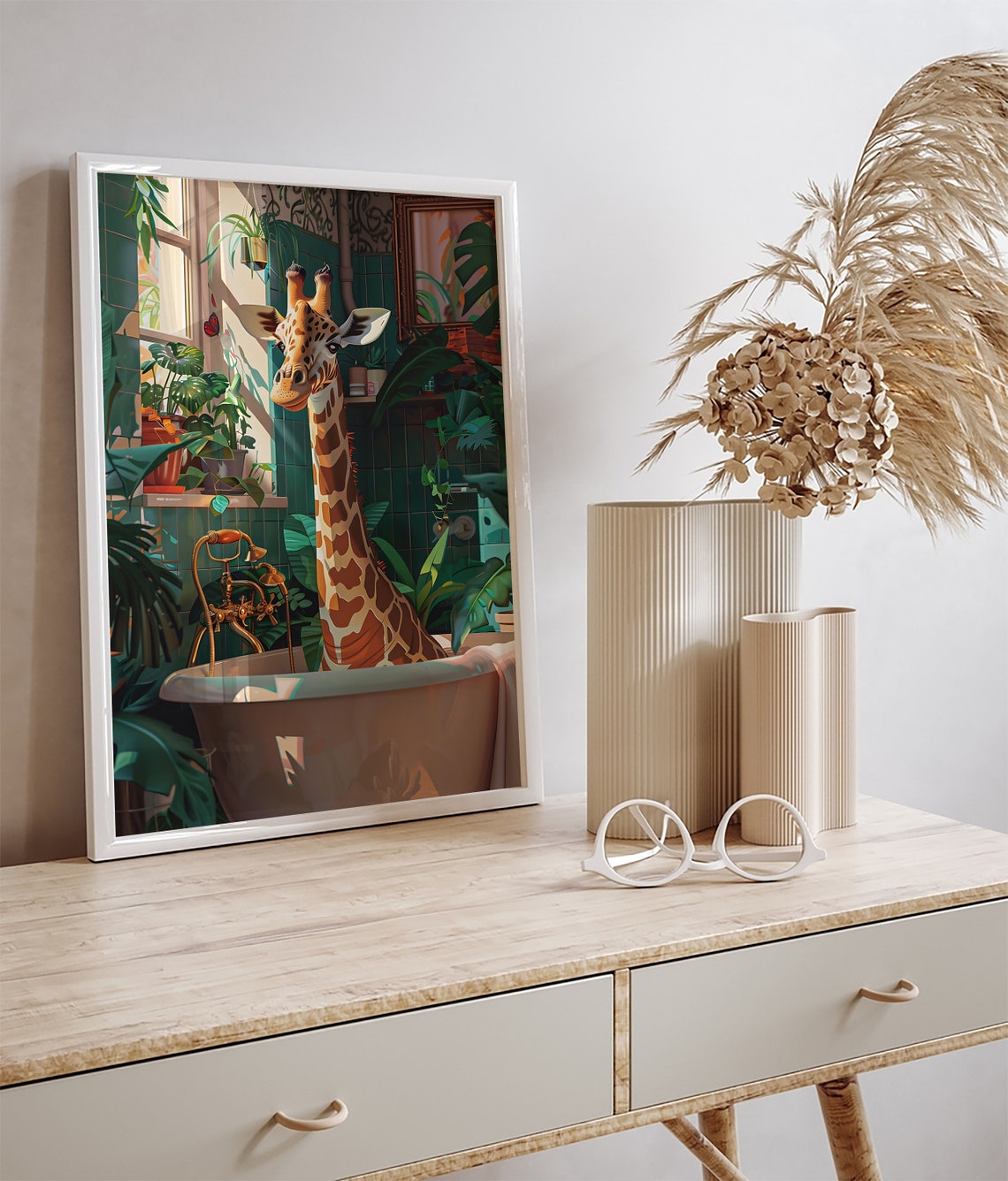 Giraffe Relaxing In A Bathtub Inside A Lush Tropical Bathroom Jungle Poster - Image 2