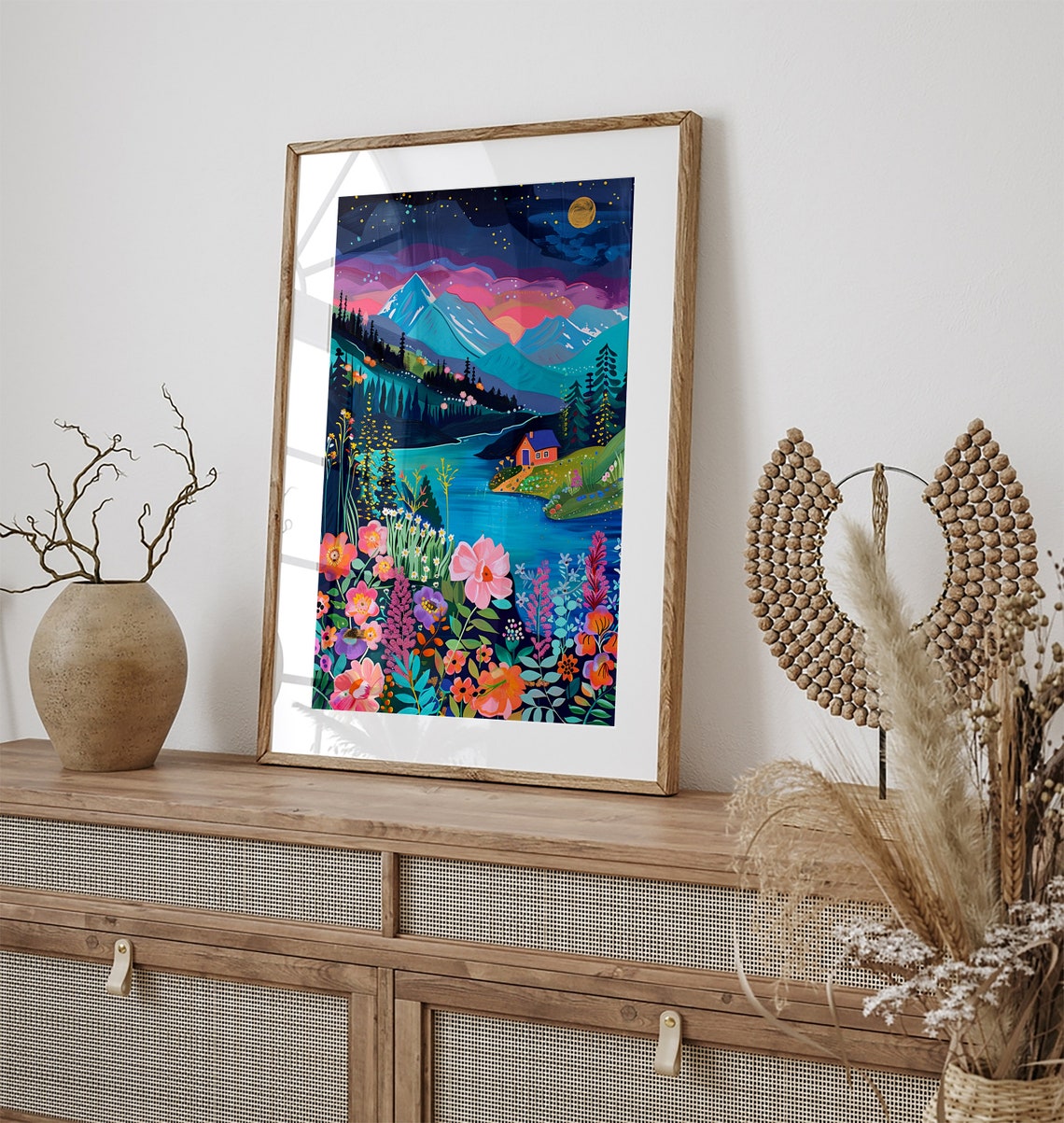 Starry Night Mountain Lake Cabin Maximalist Floral Garden Poster - Image 3