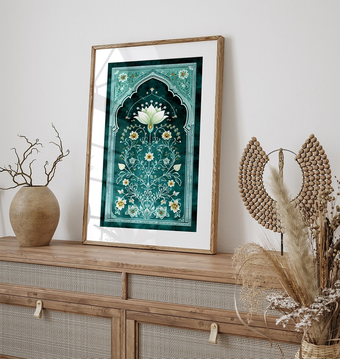 Emerald Green Indian Inlay Arch Lotus Floral Boho Vintage Wall Art - Image 3