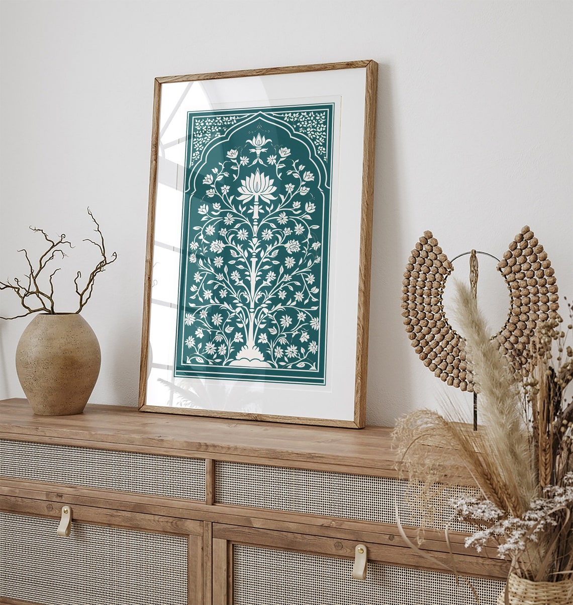 Teal and White Mughal Floral Tree Panel Indian Folk Art Poster - Image 3