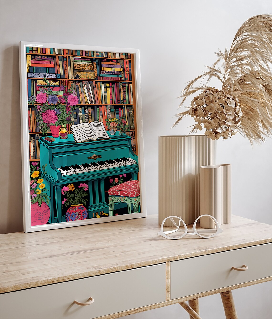 Teal Grand Piano Floral Bookcase Music Library Illustration Poster - Image 3