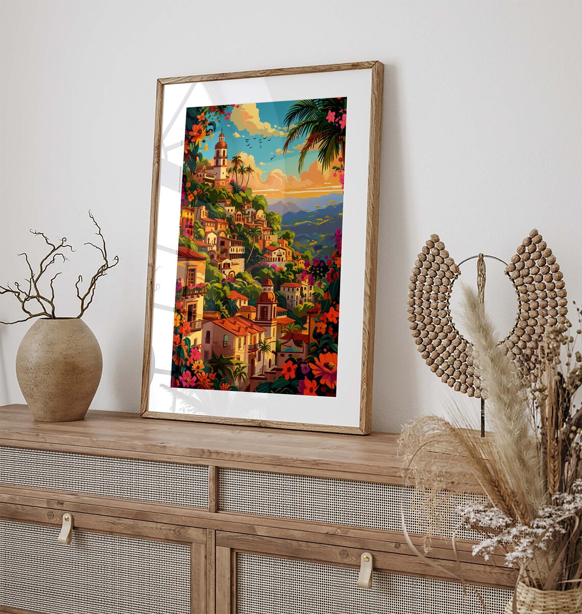 Mexico Hillside Town Church Towers Palms Colorful Travel Poster - Image 3