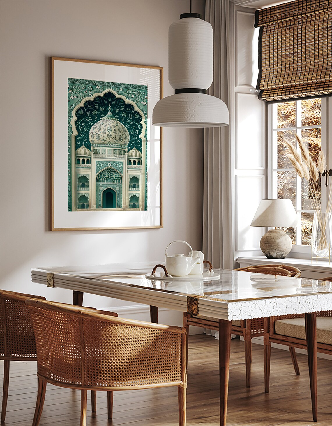Mughal Palace Facade With Floral Dome in Teal and Ivory Poster - Image 2